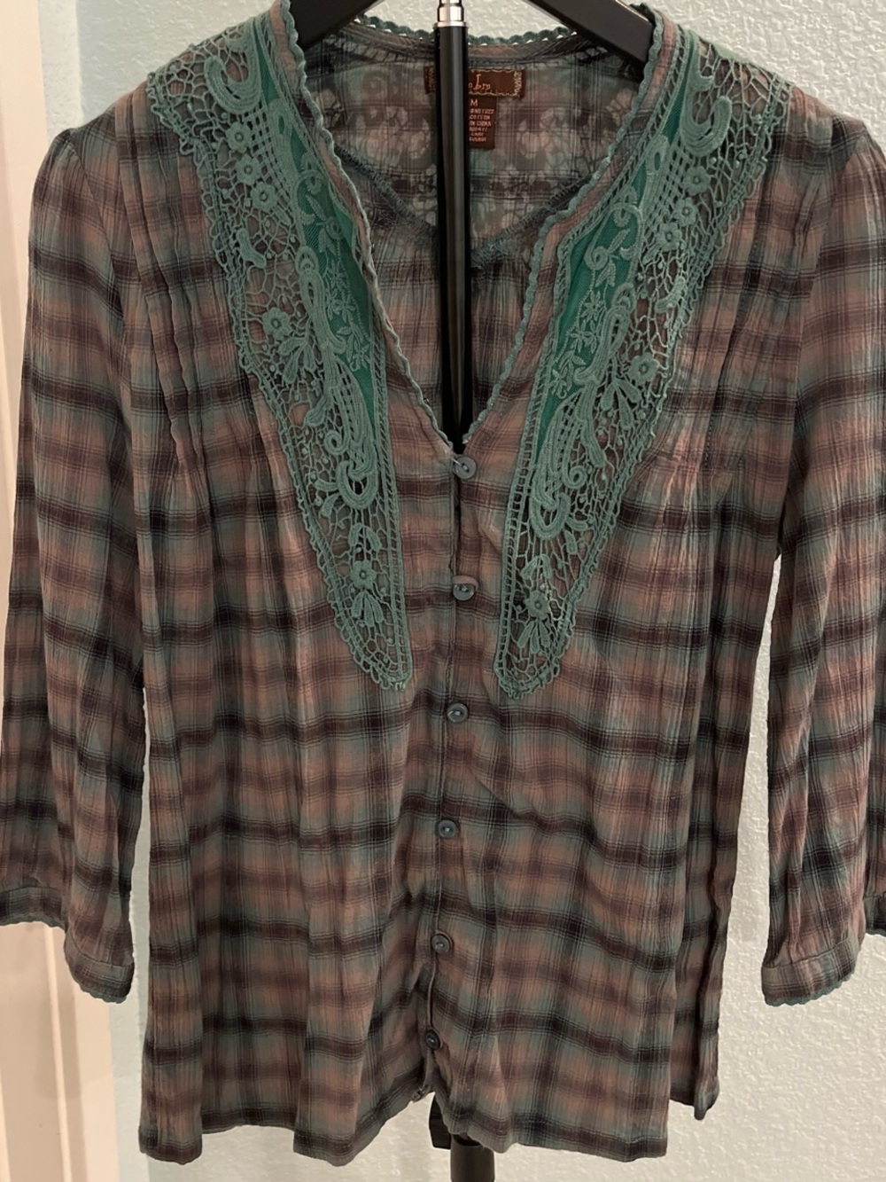 Plaid Button-Front Blouse with Teal Lace Trim
